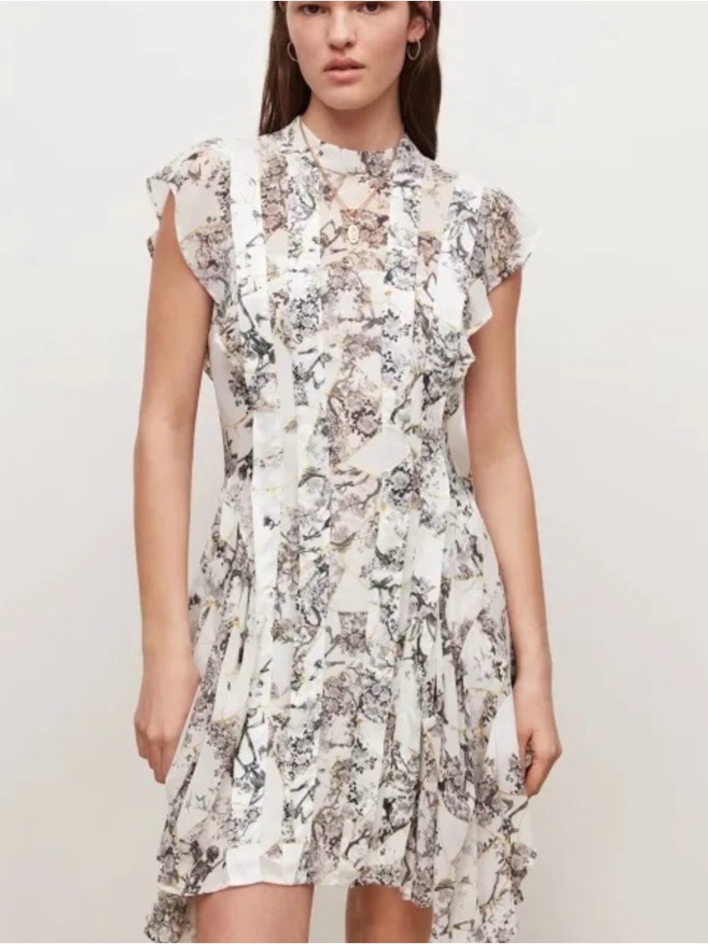 AllSaints White Floral-Print Ruffle Mini Dress